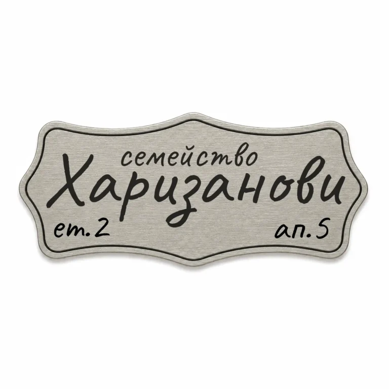 Сребриста гравирана метална табелка за врата и пощенска кутия с надпис „Семейство Харизанови“