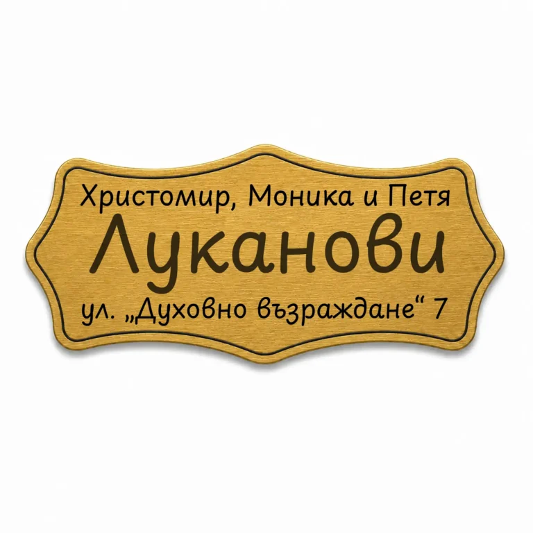 Златиста гравирана метална табелка за врата и пощенска кутия с надпис „Луканови“