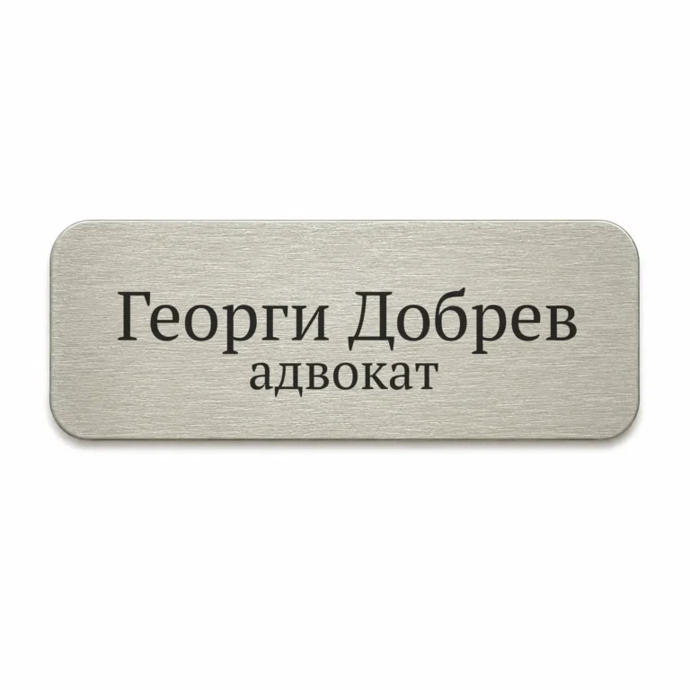 Сребриста гравирана метална бизнес табелка с надпис „Георги Добрев адвокат“