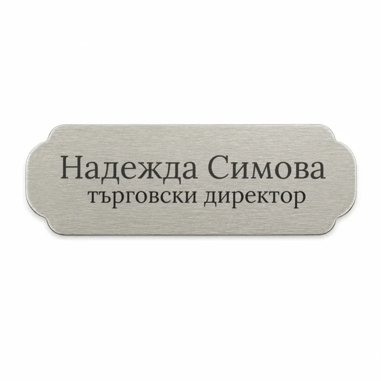 Сребриста гравирана метална бизнес табелка с надпис „Надежда Симова търговски директор“
