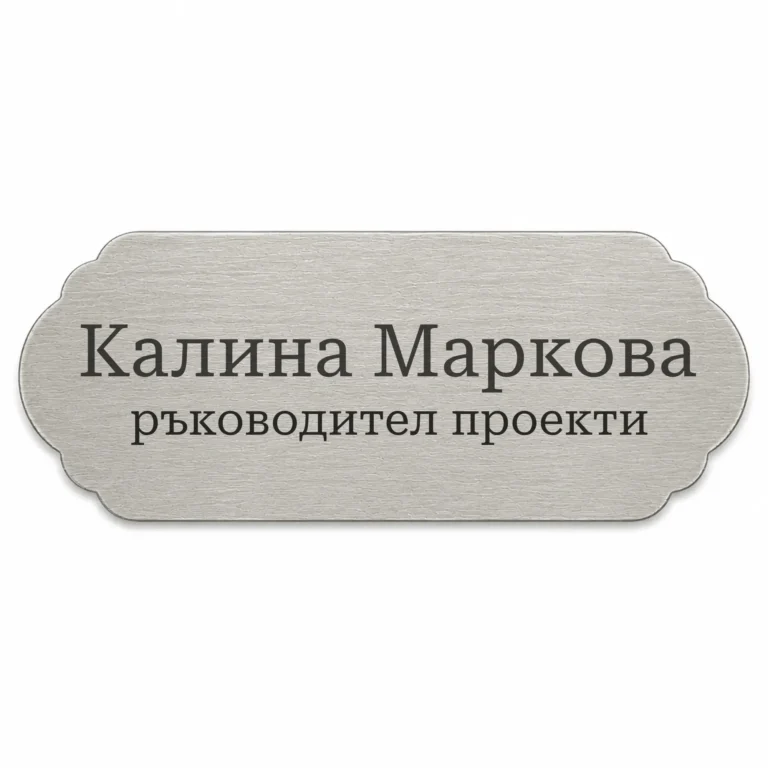 Сребриста гравирана метална бизнес табелка с надпис „Калина Маркова ръководител проекти“