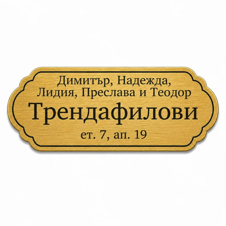 Гравирана златиста метална табелка за врата и пощенска кутия с персонализирани имена и адрес
