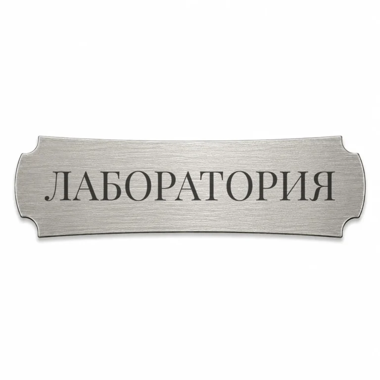 Сребриста гравирана метална бизнес табелка с надпис „ЛАБОРАТОРИЯ“