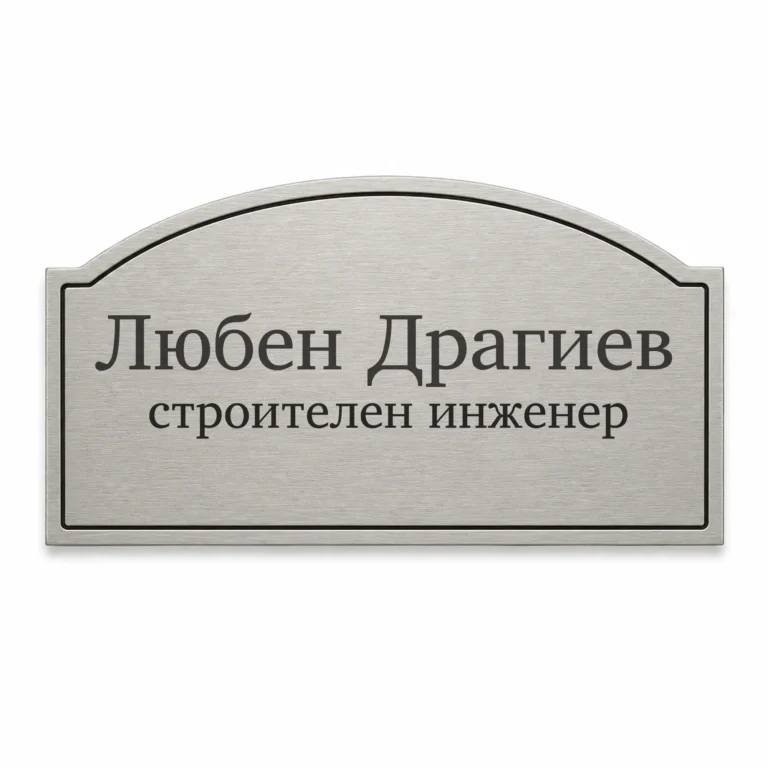 Сребриста гравирана метална бизнес табелка с надпис „Любен Драгиев“ и „строителен инженер“