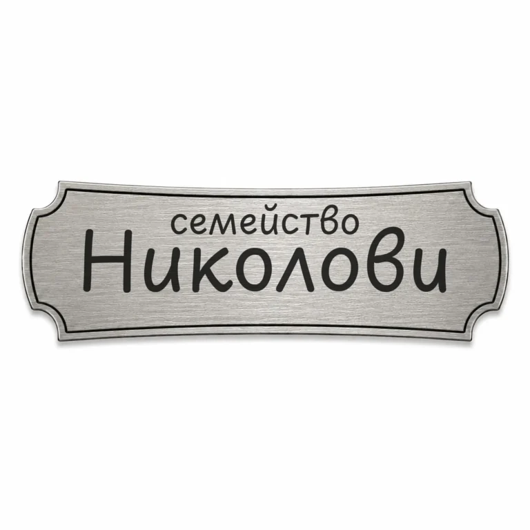 Гравирана сребриста метална табелка за врата и пощенска кутия, модел 9, с надпис „Семейство Николови“