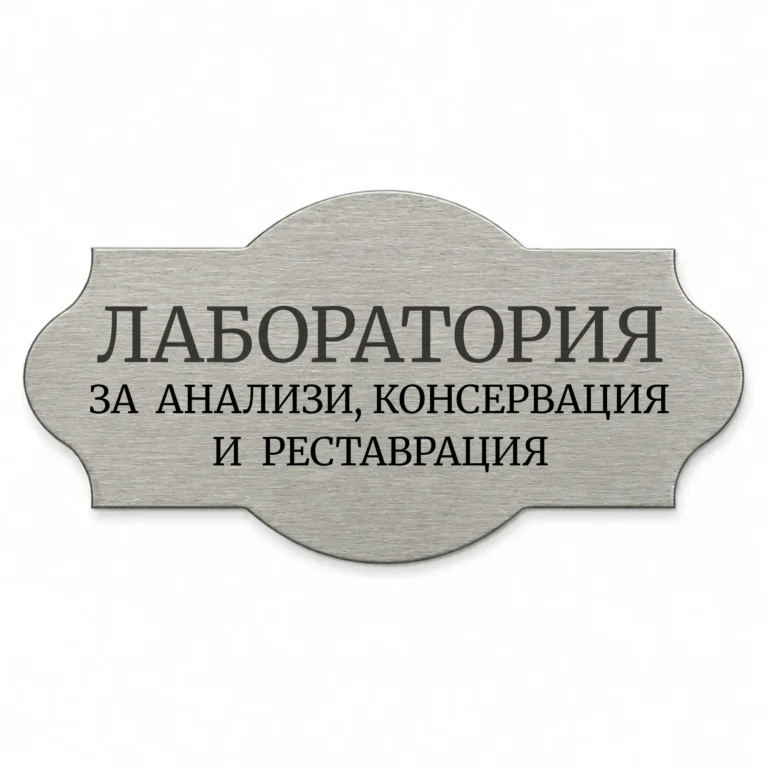 Сребриста гравирана метална бизнес табелка с надпис „ЛАБОРАТОРИЯ ЗА АНАЛИЗИ, КОНСЕРВАЦИЯ И РЕСТАВРАЦИЯ“