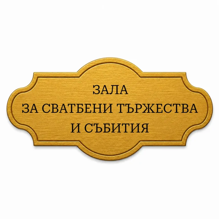 Златиста гравирана метална бизнес табелка с надпис „ЗАЛА ЗА СВАТБЕНИ ТЪРЖЕСТВА И СЪБИТИЯ“