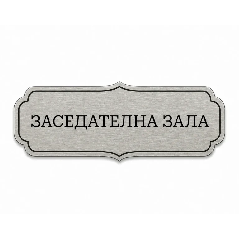 Сребриста гравирана метална бизнес табелка с надпис „ЗАСЕДАТЕЛНА ЗАЛА“