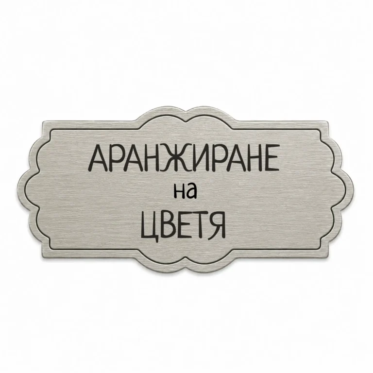Сребриста гравирана метална бизнес табелка с надпис „АРАНЖИРАНЕ на ЦВЕТЯ“