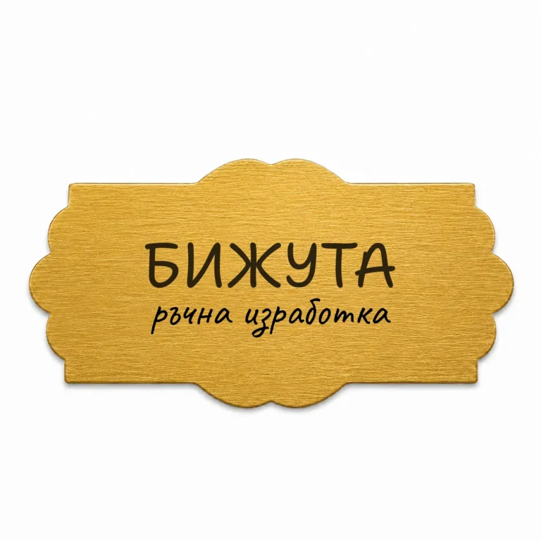 Златиста гравирана метална бизнес табелка с надпис „БИЖУТА“ и „ръчна изработка“