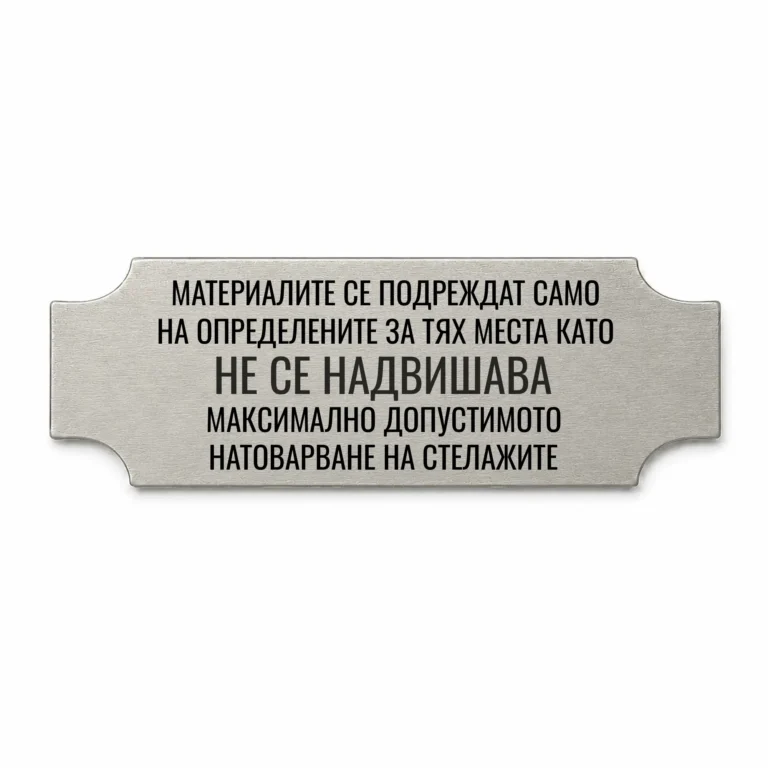 Сребриста гравирана индустриална табелка с надпис за правилно подреждане на материалите и максимално допустимо натоварване на стелажите