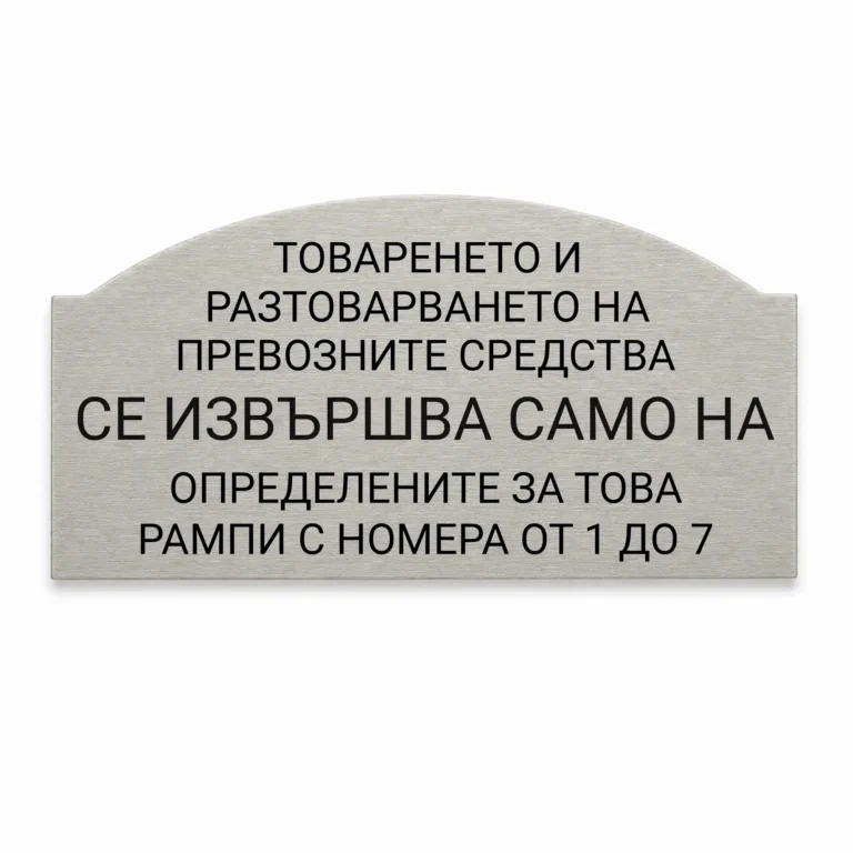 Сребриста гравирана индустриална табелка с надпис за товарене и разтоварване на превозни средства на рампи