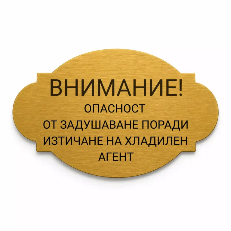 Златиста гравирана индустриална табелка с надпис „ВНИМАНИЕ! ОПАСНОСТ ОТ ЗАДУШАВАНЕ ПОРАДИ ИЗТИЧАНЕ НА ХЛАДИЛЕН АГЕНТ“